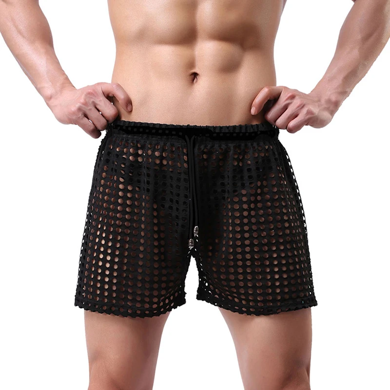 Men's Swimming Trunks Fishnet Casual Shorts Summer Swim Briefs Solid Color Mesh Drawstring Loose Lounge Shorts Swim