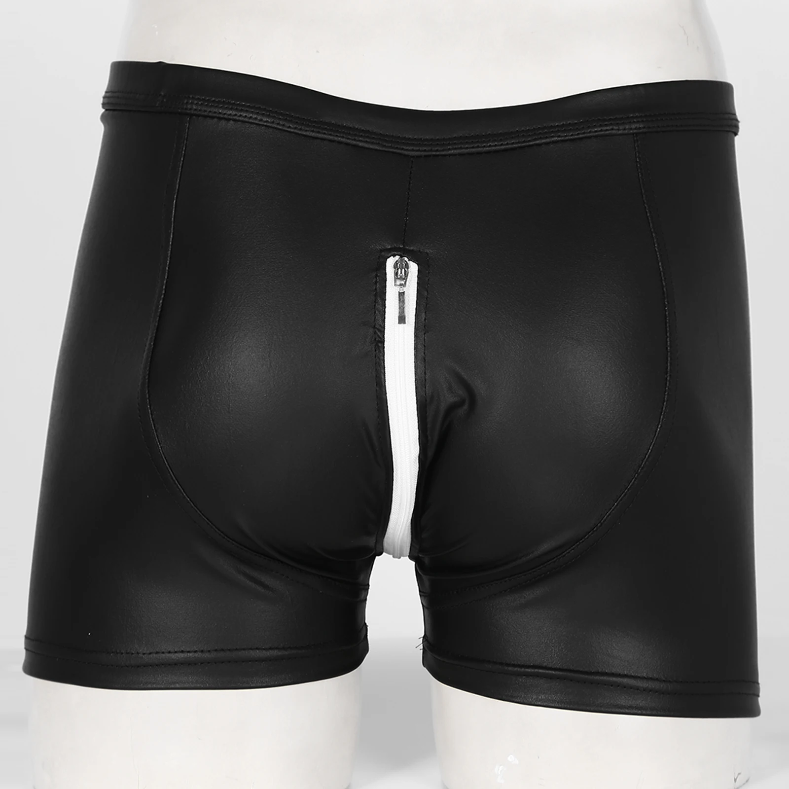 Sexy Men Boxers Shorts Zipper Crotch Faux Leather Lingerie U Convex Pouch Black Leather Boxers Shorts Nightclub Rave Costume