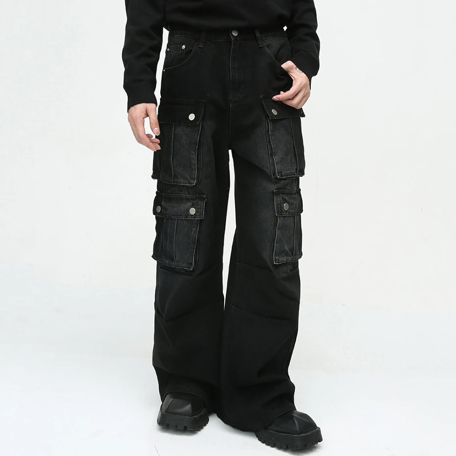 Men Vintage Baggy Jeans Multi Pocket Cargo Denim Pants Black Loose Wide Leg Jeans Trouser 3