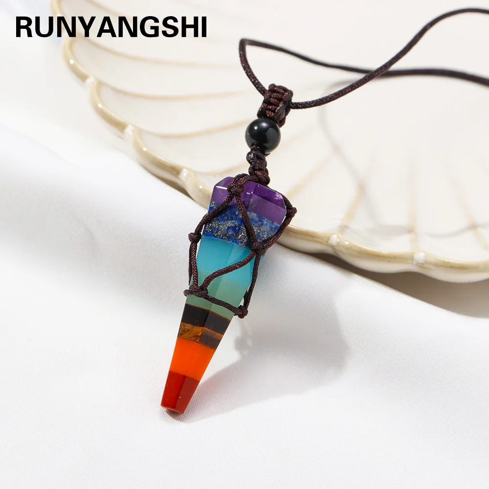 Natural Gemstones 7chakra Hexagonal Spirit Pendulum Pendant Reiki Energy Colourful Crystal Net Bag Necklace Wicca Jewelry Gift |