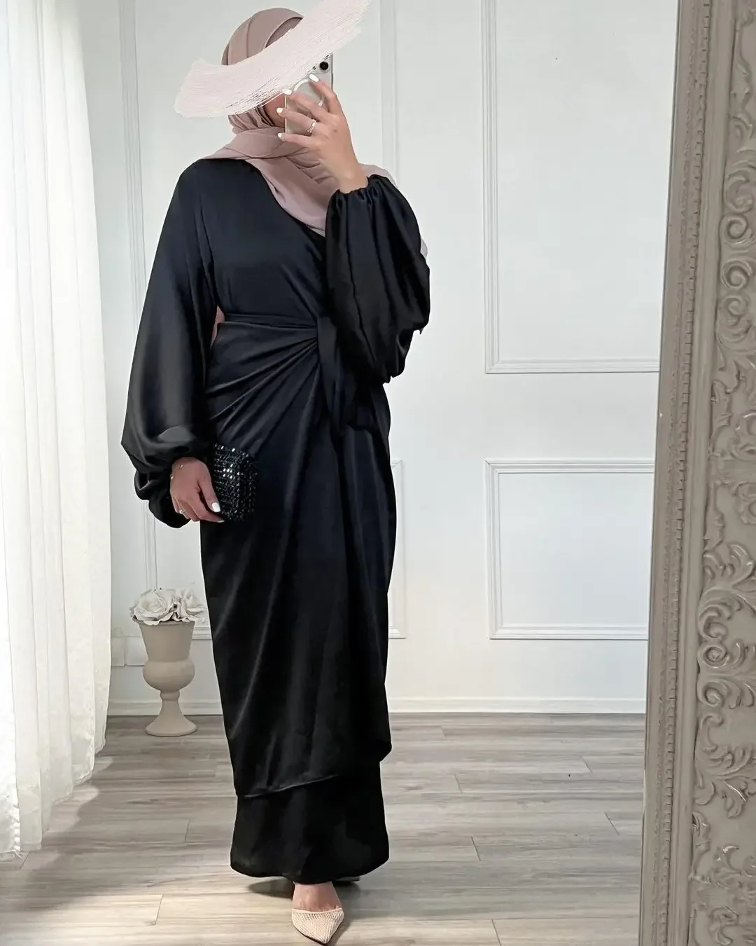 Satin Abaya Under Dress 2 Piece Set Muslim Women Long Inner Robe+Wrap Front Skirt Islamic Clothing Dubai Casual (No Hijab Scarf)