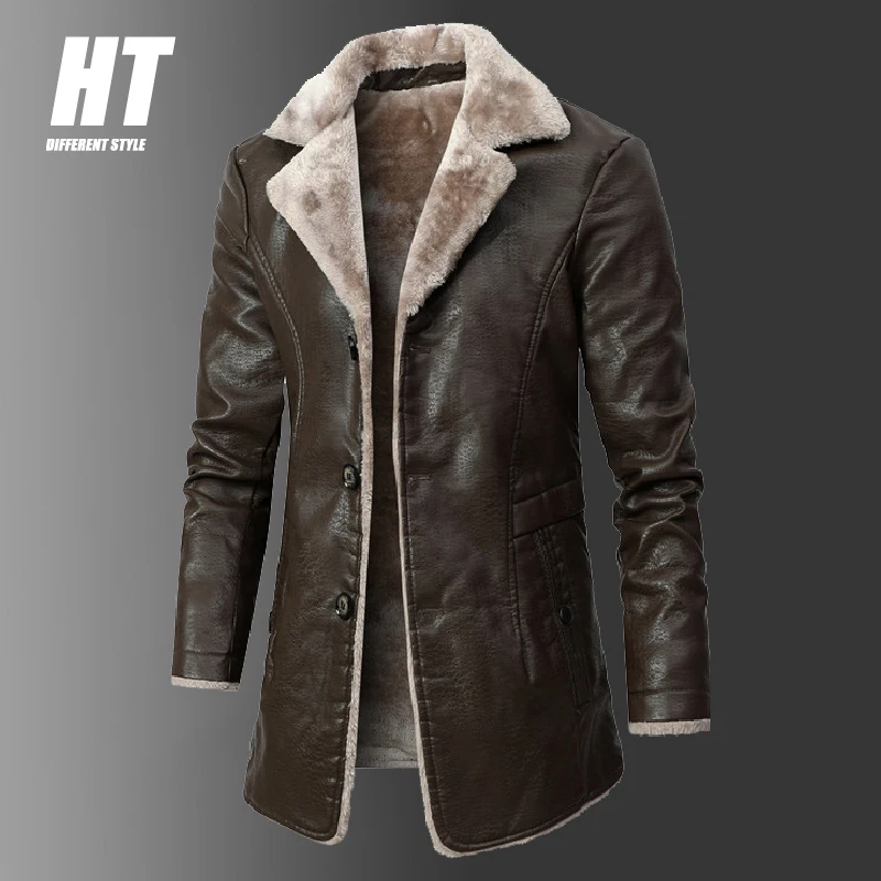 Men Brand Thick Fleece Leather Jacket 