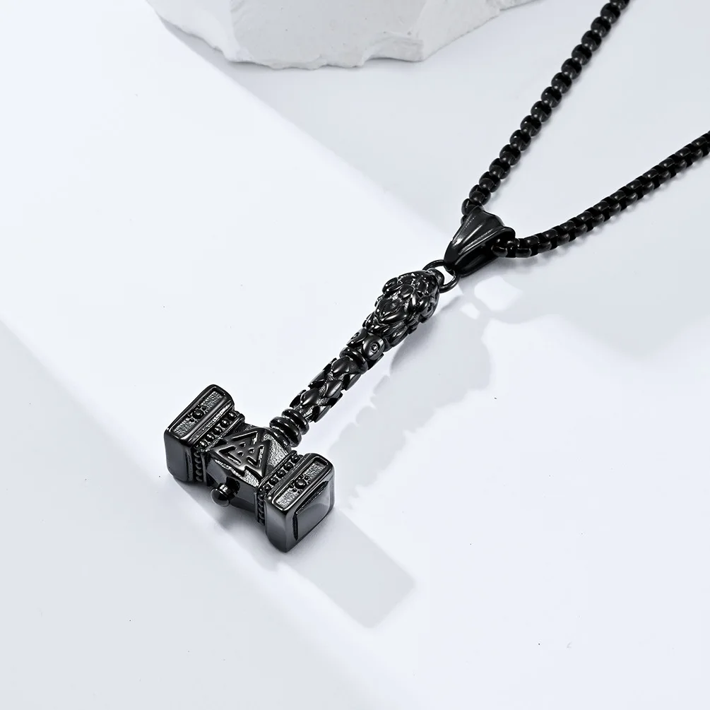 Fashion Vintage Jewelry Nordic Viking Odin Thor's Hammer Design Pendant Beaded Chain Stainless Steel Necklaces for Men