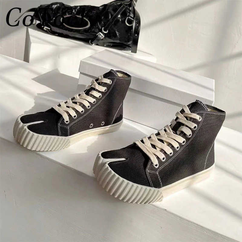 

Autumn Casual Canvas Shoes Women Comfort Round Toe Split Toe Shoes Woman Lace Up High Top Outdoors Flat Sneakers For Women