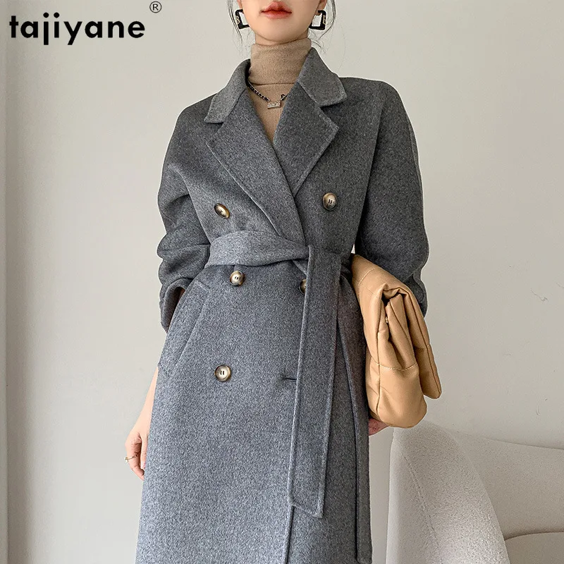 

Tajiyane 2023 Elegant Double Sided 100% Wool Coat Double Breasted Long Jacket For Women Korean Fashion Casaco Feminino