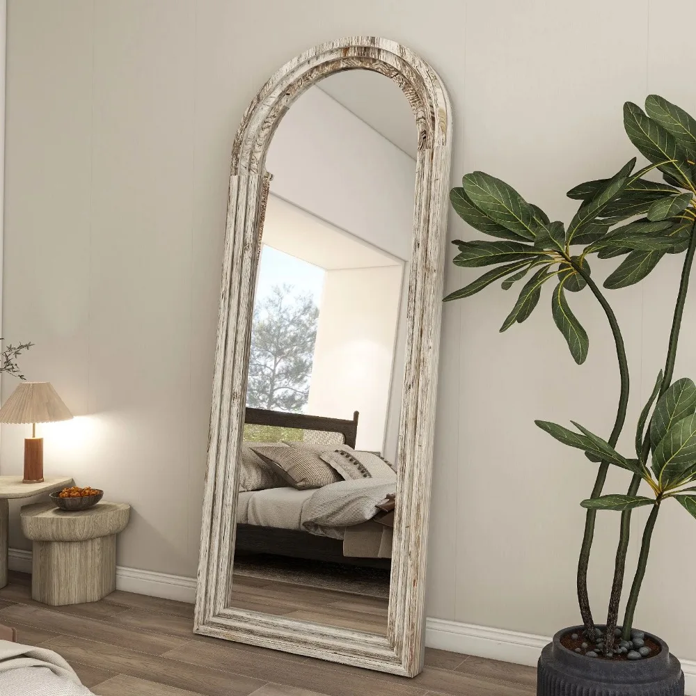 71"x30" Arched Full Length Mirror with Stand Solid Wooden Framed Floor Mirror Full Body Mirror,Retro White