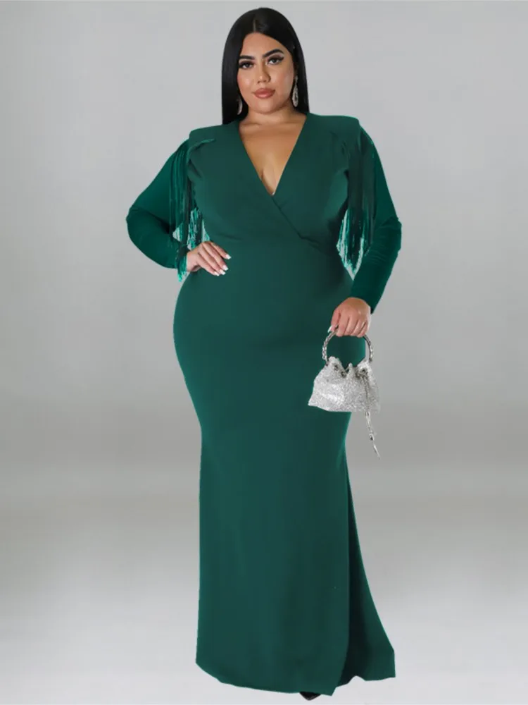 

Plus Size Autumn Fringe Long Dress Women Bodycon Sexy Fashion V-Neck Ladies Dresses Long Sleeve Ruffle Pleated Woman Dress 2023