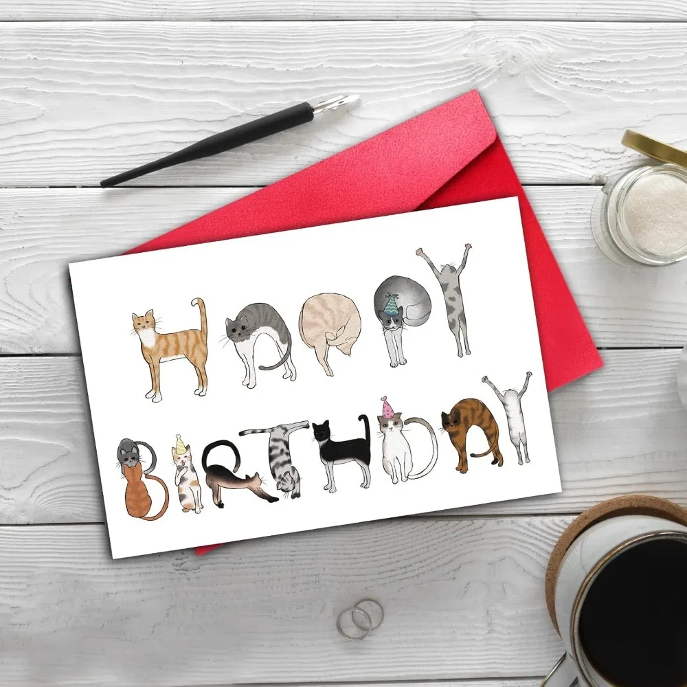 고양이 알파벳 생일 축하 카드 |   기발한 고양이 그림 생일 카드와 빨간 봉투 |   고양이 애호가에게 이상적