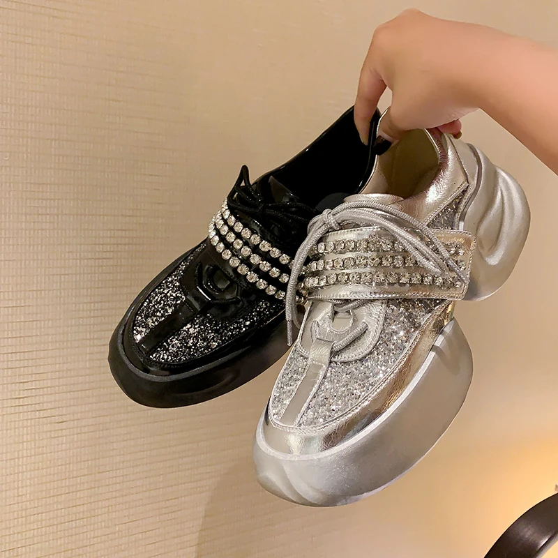 

Street Style Casual Women's Chunky Sneakers Shiny Sequin Rhinestones Sports Shoes Walking New Designs Comfy Vulcanized Shoes