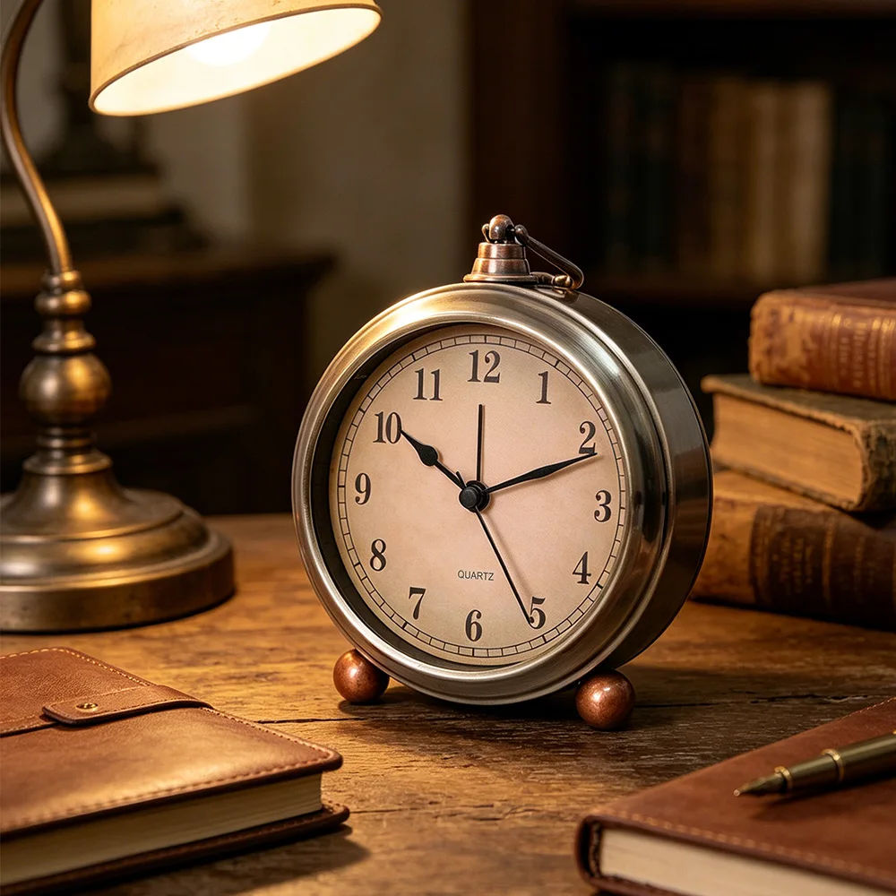 Retro Ultra-Quiet Analog Alarm Clock with Night Light, Battery-Powered, Minimalist Design, 4-Inch