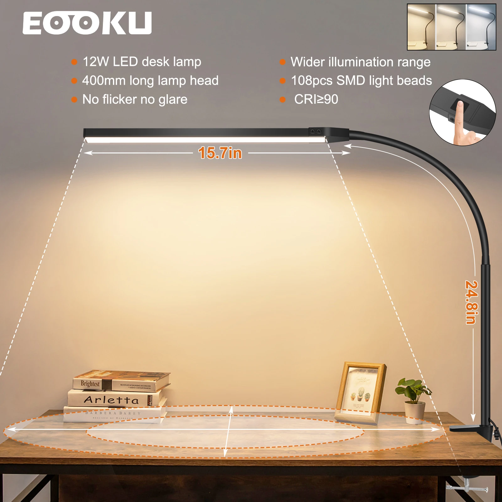 EOOKU 12W Clip on Light 108 LED Reading Light for Bed Touch Button 360