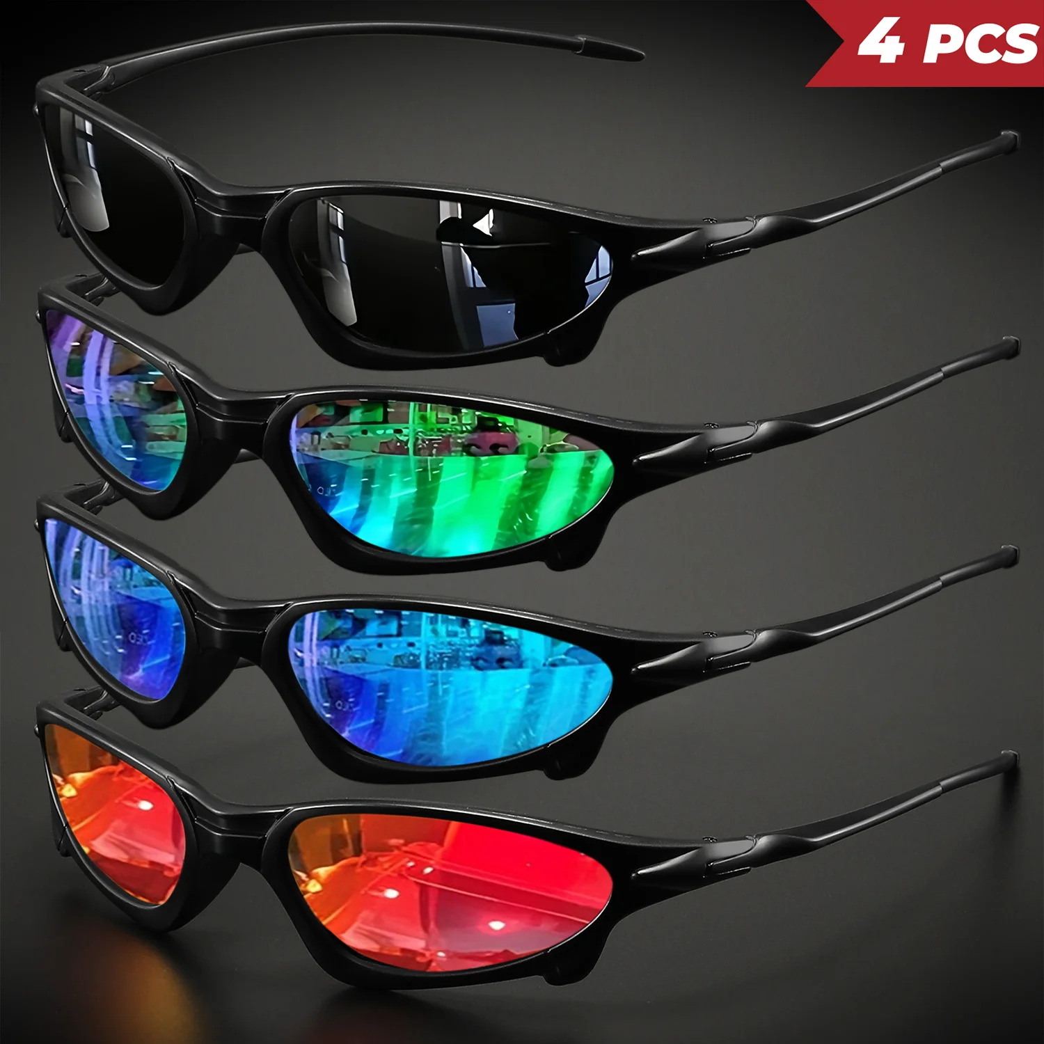 4-teilige futuristische Sport-Sonnenbrille mit kleinem Rahmen – umlaufende Passform, UV400 für Radfahren, Angeln und Reisen – Detail 8
