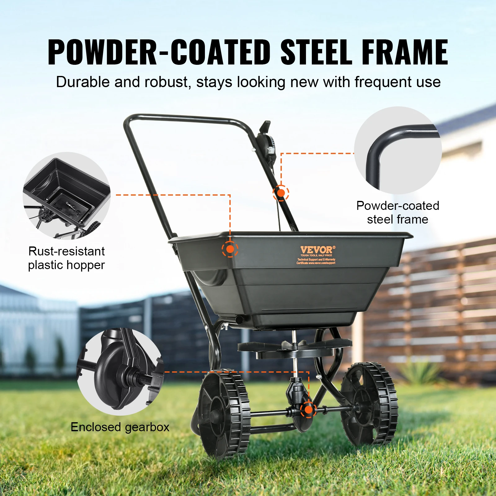 VEVOR Broadcast Spreader Walk-Behind Turf Push Fertilizer Spreader Garden Seeder Designed for Residential Farm and Tough Terrain