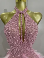 Women Luxury Rhinestones Pearls Feathers Halter Backless Short Dress Women Sexy Celebrate Birthday Dress Nightclub Stage Costume - Image 5