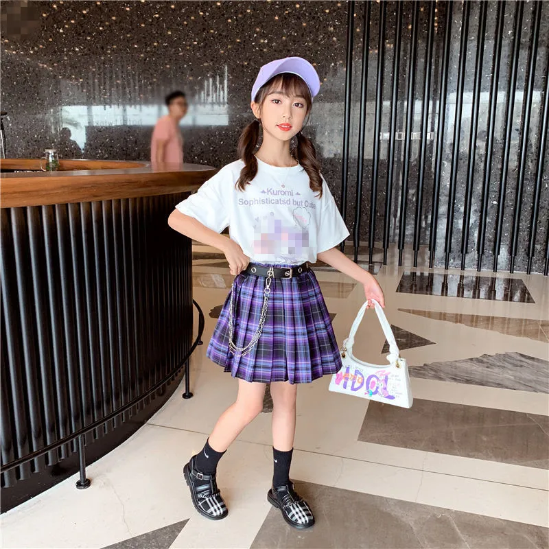 Girls Clothes Suits Kids Fashion Black Cotton T-shirt+skirts+Belt Sets for Girl Teenager Children Clothing For 3-13 Years
