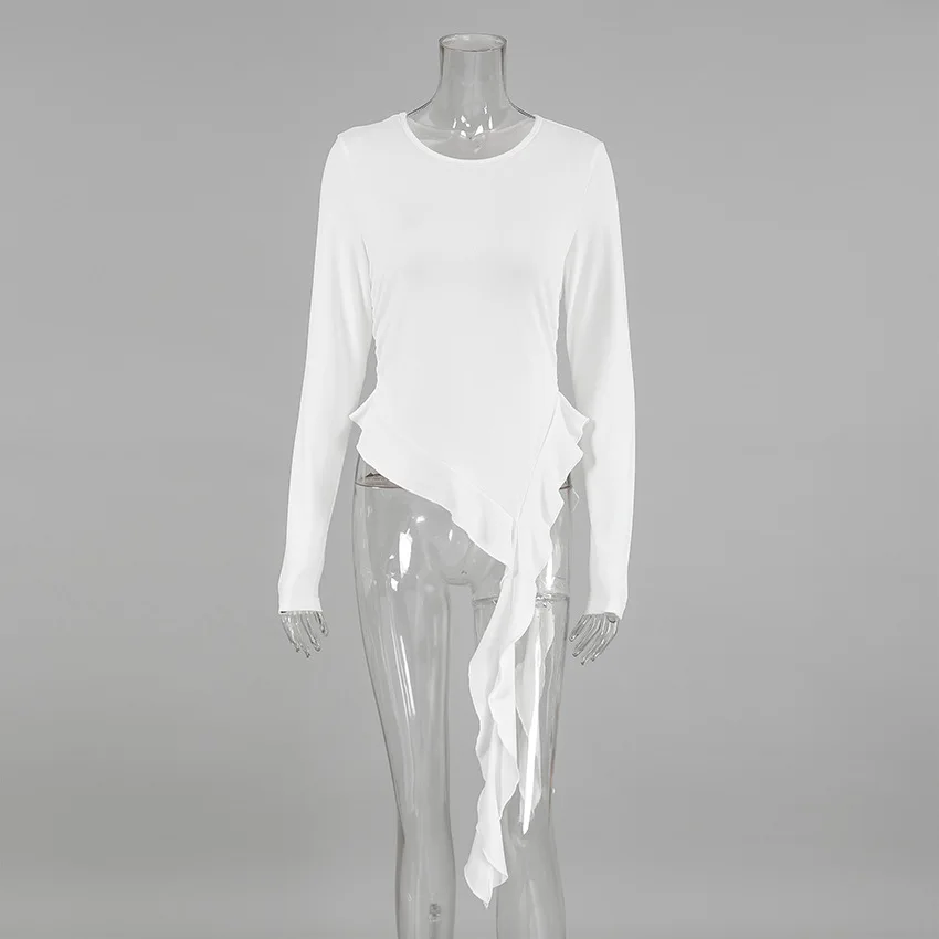 White Knit Slim T-shirt Pullover Female Ruffled Patchwork See-Through Long Sleeve Y2k Sexy Inner Top Women's Knitwear Tee
