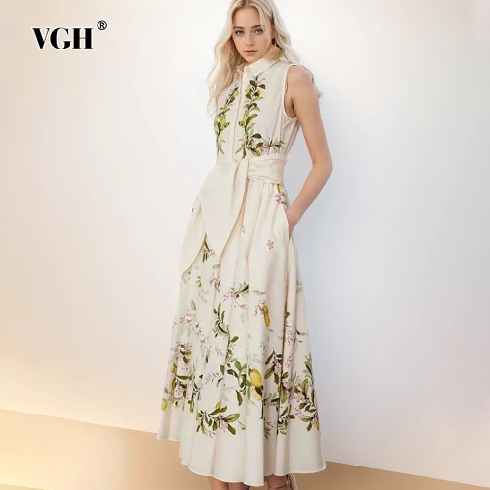 

VGH Hit Color Printing Spliced Lace Up Elegant Dresses For Women Lapel Sleeveless High Waist Long Dress Female Fashion Style New