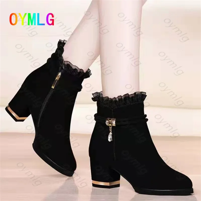 2021 spring, autumn and winter suede short boots thick heel women's boots sexy lace wild side zipper nude boots womens shoes