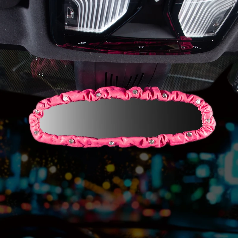 Rearview Mirror Cover Elastic Leather Crystal Rearview Mirror Decoration Cover Auto Interior Accessories
