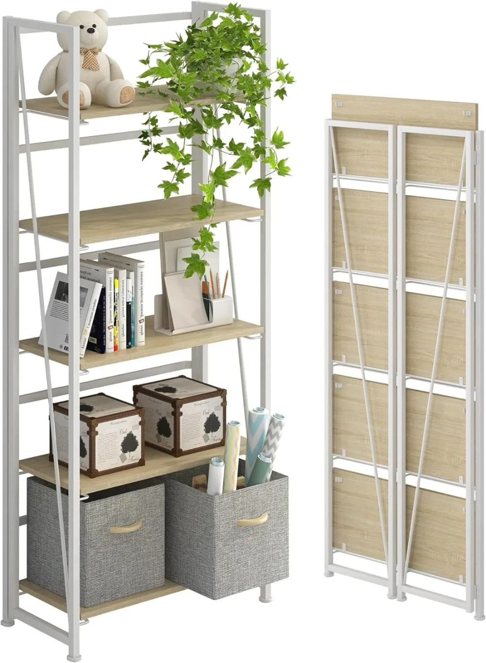 

4NM No-Assembly Folding Bookshelf Storage Shelves 5 Tiers Vintage Bookcase Standing Racks Study Organizer Home Office (Natural