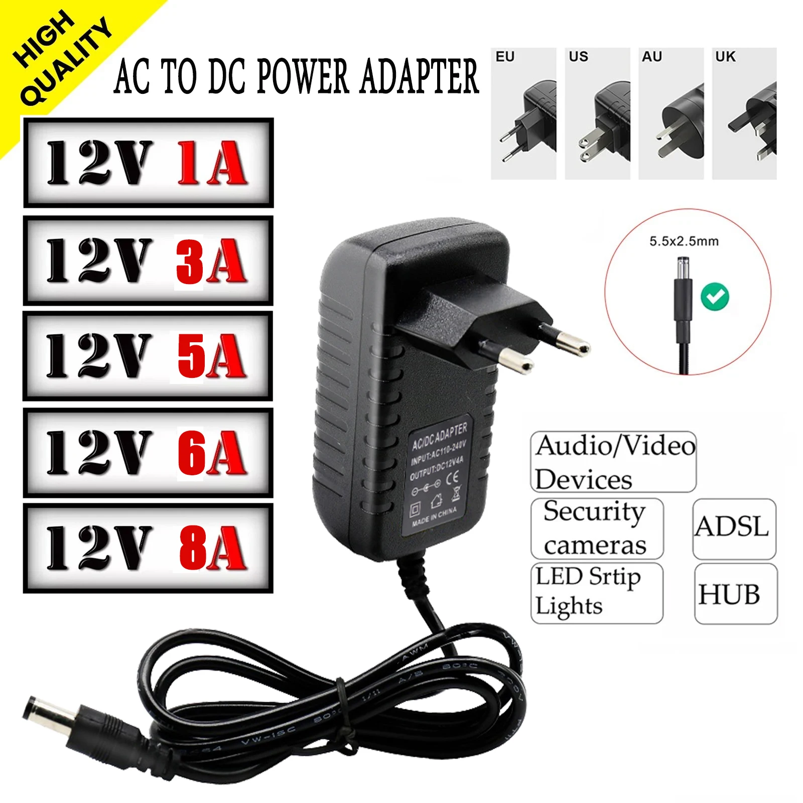 Adaptateur d'alimentation universel AC 110-240V à DC 12V 1A 3A 8A, convertisseur de chargeur, transformateur de prise EU US UK AU pour bande lumineuse LED