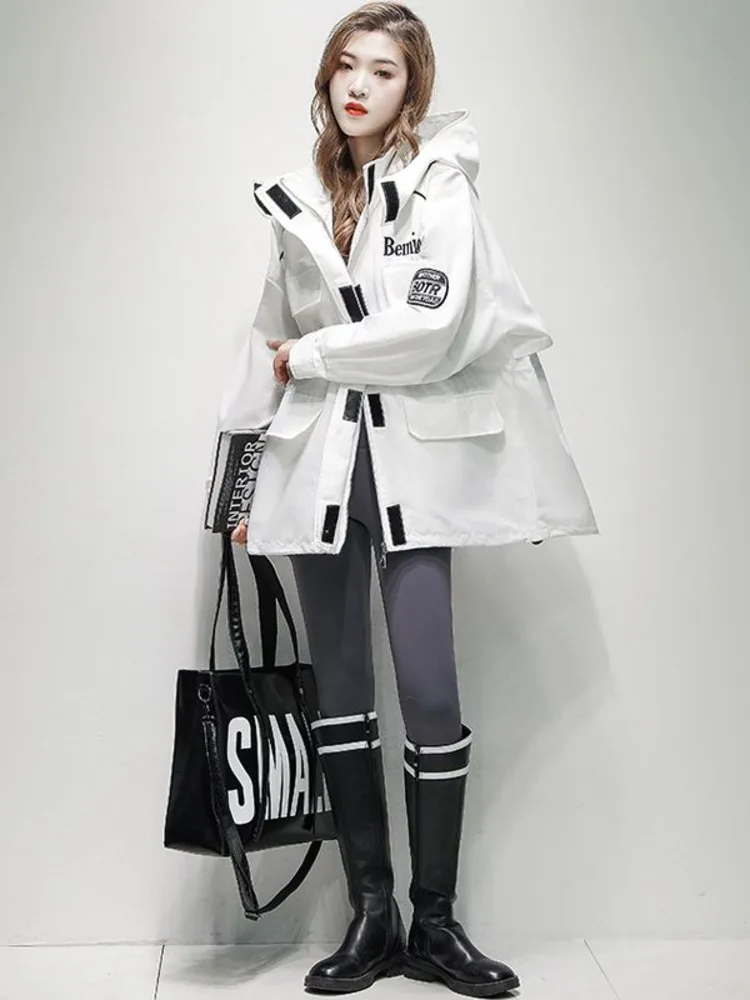 

Spring Autumn Women's Hooded Basic Harajuku Bf Loose Letter Embroidery Bomber Jacket 2023 New Drawstring Windbreaker