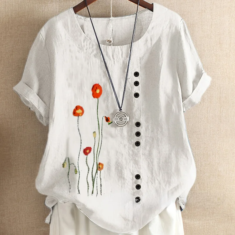 

Cotton Linen Blouse Buttons Decoration Floral Print Summer Ladies Tops Casual Oversized Short Sleeve Women Blouses Blusas