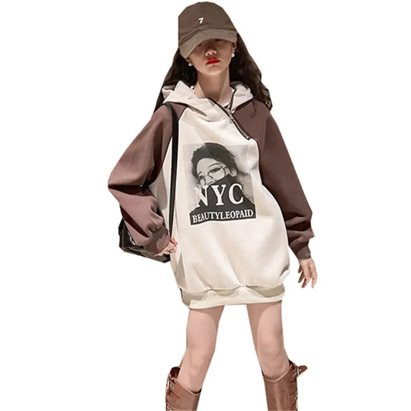 

Teenage Girls Sweatshirts Cool Girl Letter Pattern Hoodies with Zipper New Autumn Winter Thicken Clothes 100% Cotton Hooded Tops