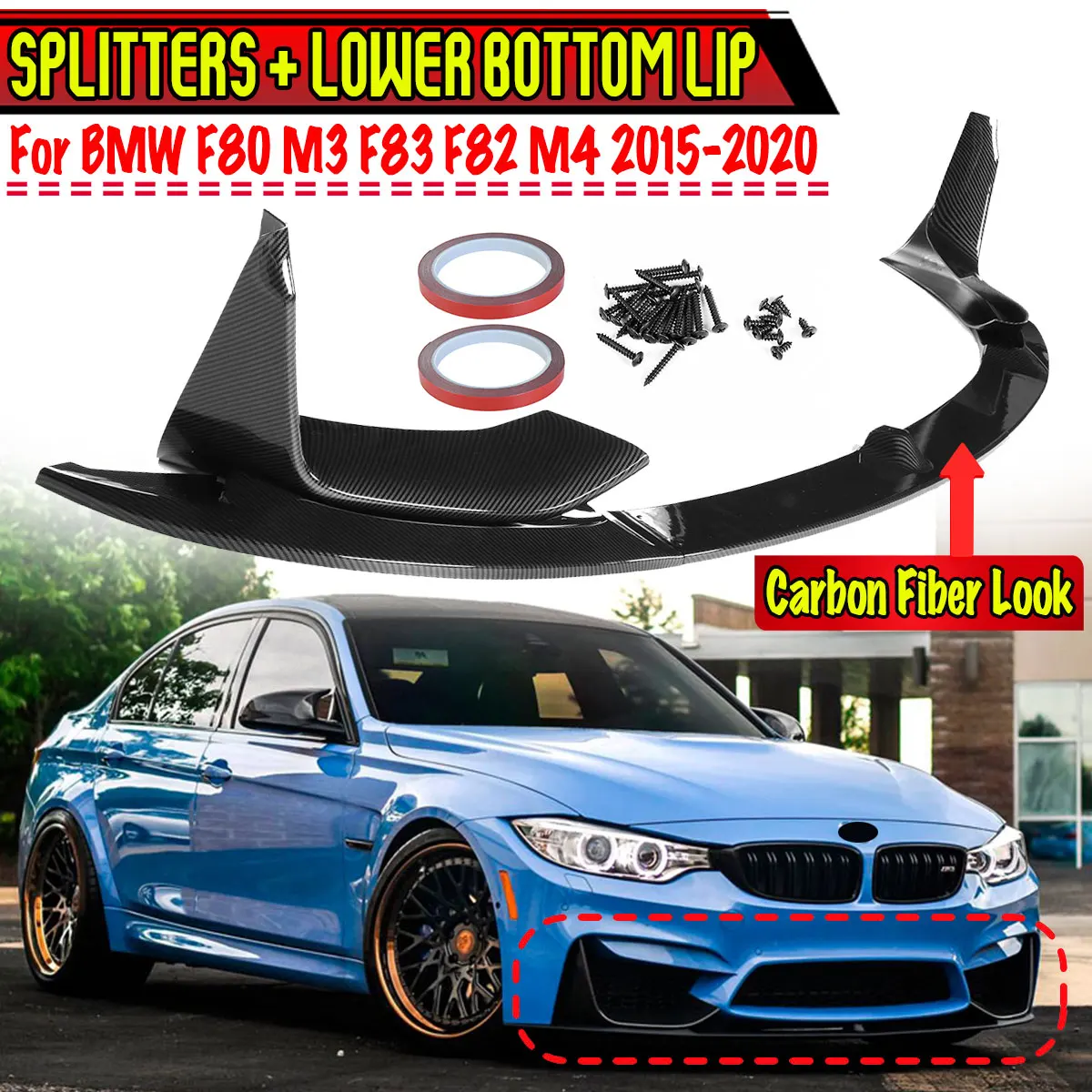 

Car Front Bumper Lip Chin Spoiler Body Kits + Side Splitter Winglet Aprons Guard Covers For BMW F80 M3 F83 F82 M4 2015-2020