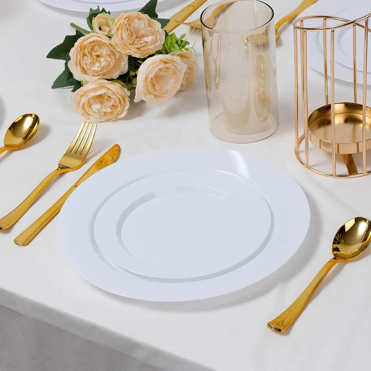 100PCS White Plastic Plates, Heavy Duty Disposable Plastic Plates with 50PCS 10.25inch Dinner Plates and 50PCS 7.5inch Dessert