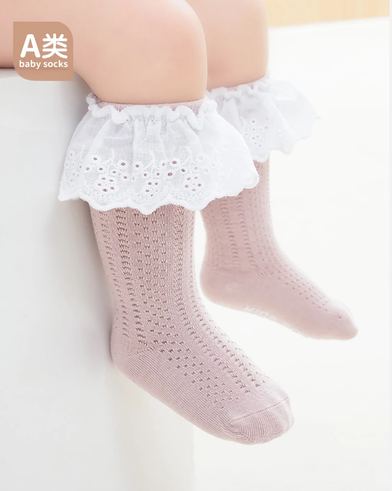 

0-5Years Baby Girls Socks Lace Ruffle Princess Toddler Non Slip Floor Socks Cotton Breathable Kids Girls Mesh Knee High Socks