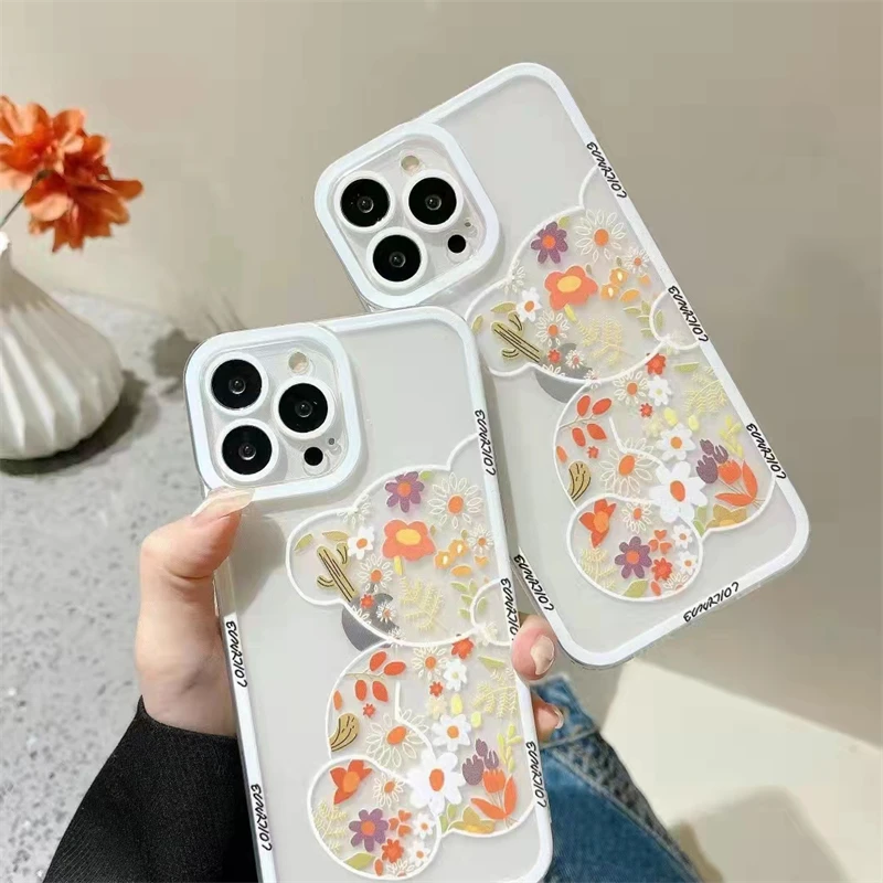 Korean Cute Cartoon Floral Bear Clear Phone Case For iPhone 12 13 11