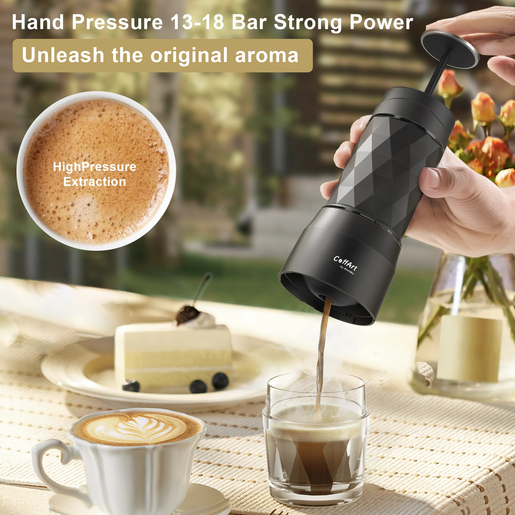 Portable Coffee Maker Espresso Machine Hand Press Capsule Ground Coffee Brewer for Travel Picnic BioloMix