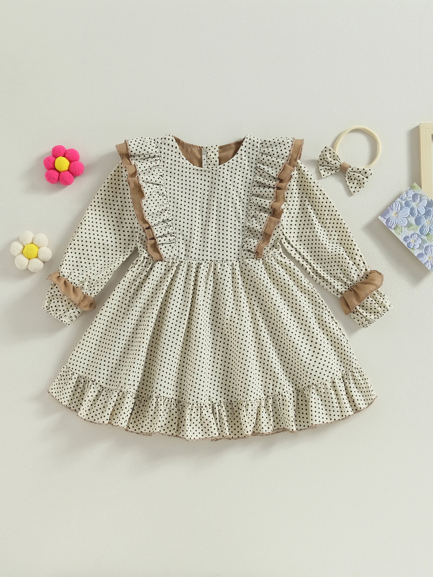 

Girls Long Sleeve Crew Neck Dots Print Patchwork Ruffle Dress for Fall and Winter Stylish and Comfortable Clothing for Little