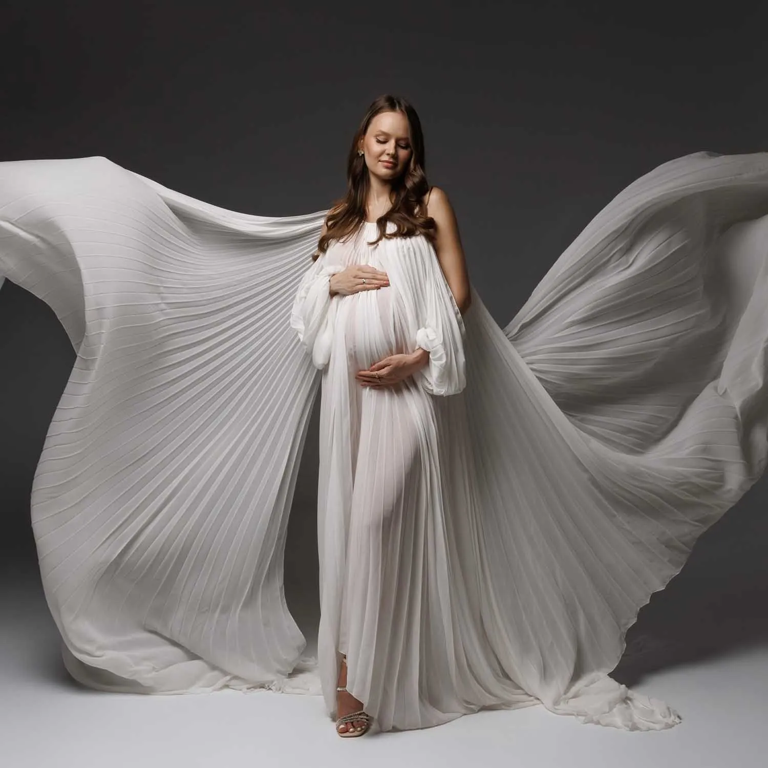 Robe de maternité plissée ivoire, pour séance photo, en mousseline de soie plissée au lait, robes de réception-cadeau pour bébé, 2026 1