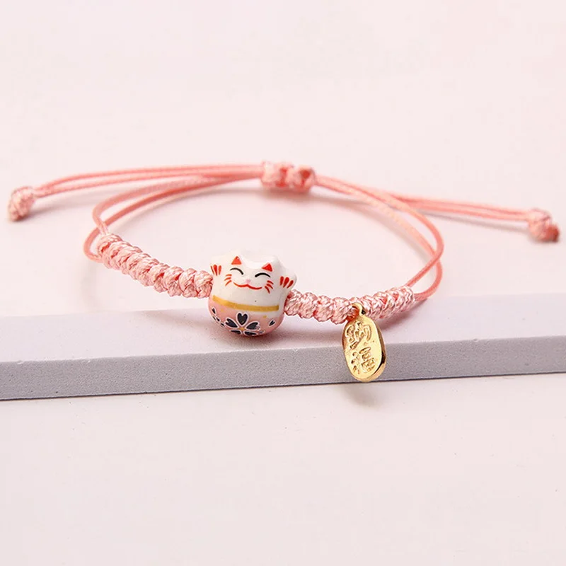 Ceramic Lucky Cat Braided Bracelet for Women Cute Animal Kitten Hand-woven Adjustable Bangles Party Harajuku Jewelry Gift