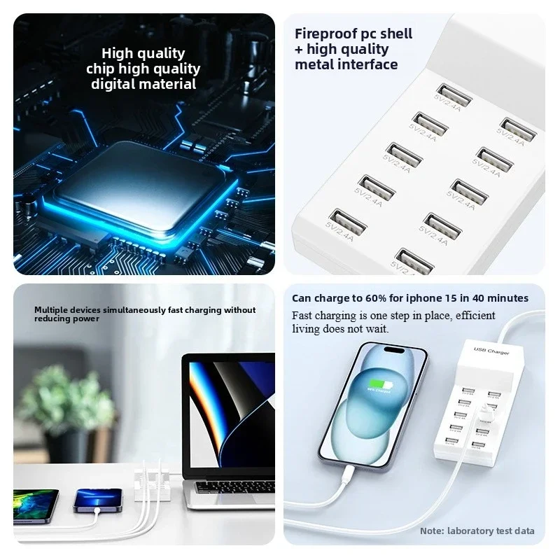 Smart 10-Port USB Charger for Mobile Phones Fast-Charging Flat Panel Power Station for Home Office Use with Travel Features US/E