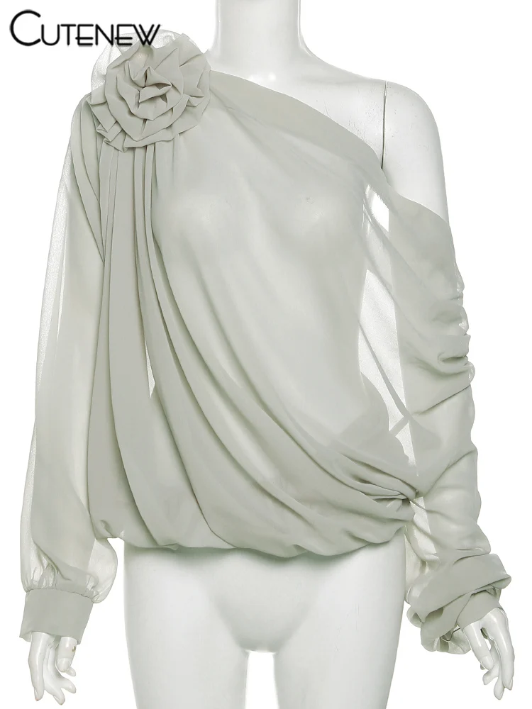 Women's Top Patchwork Long-Sleeved Mesh Shirt Casual Pleated Diagonal Collar Flower Decor Clothing Sexy Femme Streetwear