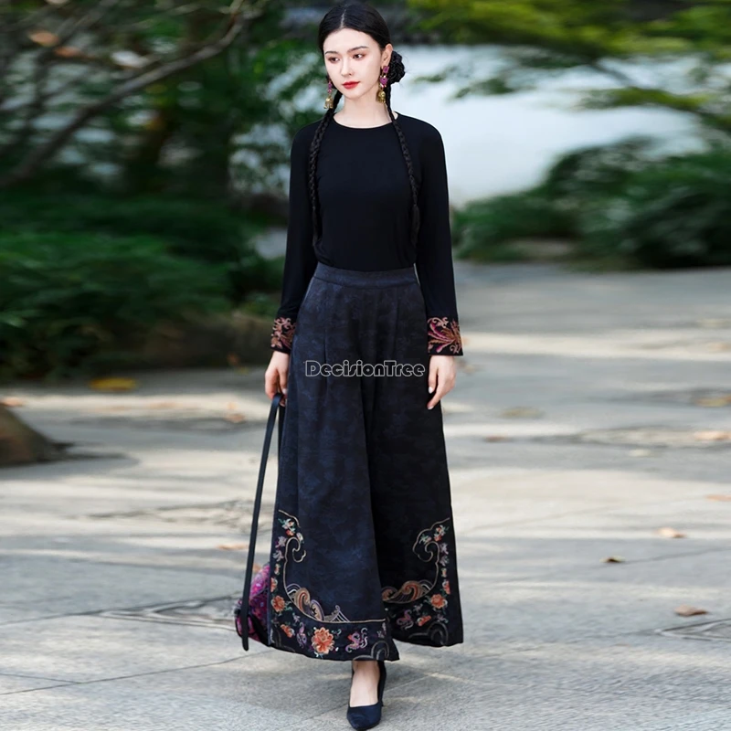 chinese national style embroidery wide leg pants women casual straight pants loose retro style elastic waist t001