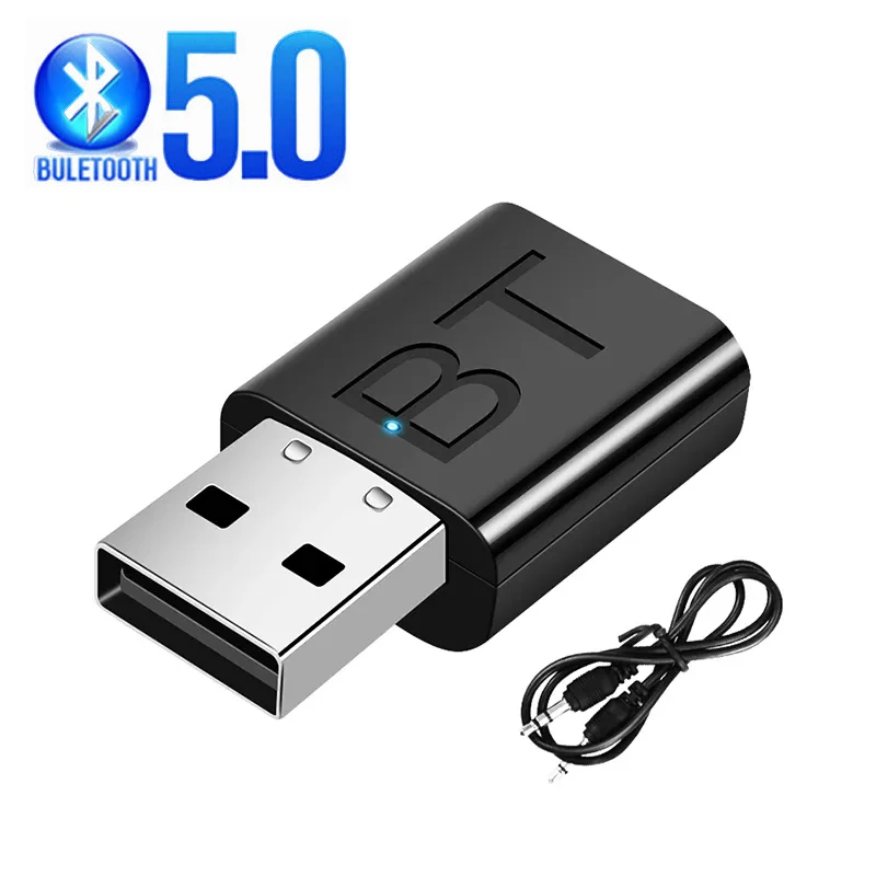 블루투스 호환 5.0 오디오 수신기, 듀얼 출력 AUX USB 스테레오 차량용 핸즈프리 통화 내장 마이크 마이크 무선 어댑터 