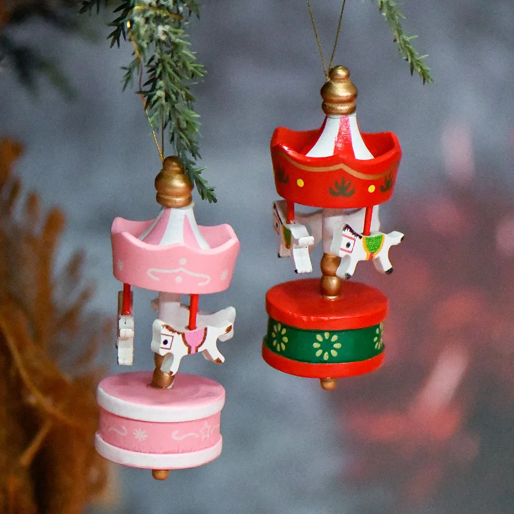 Christmas Wooden Carousel Horse Miniature Ornaments Christmas Tree Hanging Pendants New Year Gift Toy For Kid Home Party Decor