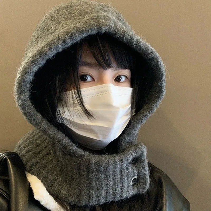 Winter Trendy Balaclava Hats for Men&Women Knitted Hooded Caps Thicken Windproof Drawstring One-Piece Neck Collar Beanies Cap 2