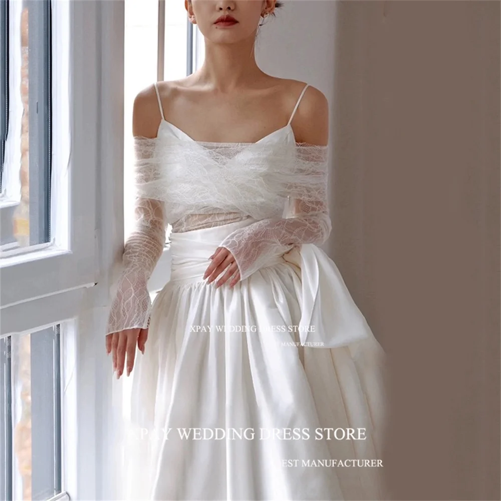 XPAY V Neck Spaghetti Straps Korea Wedding Dresses A Line Satin Bridal Gown Photos Shoot Corset Backless Pleat Lace Bride Dress 2