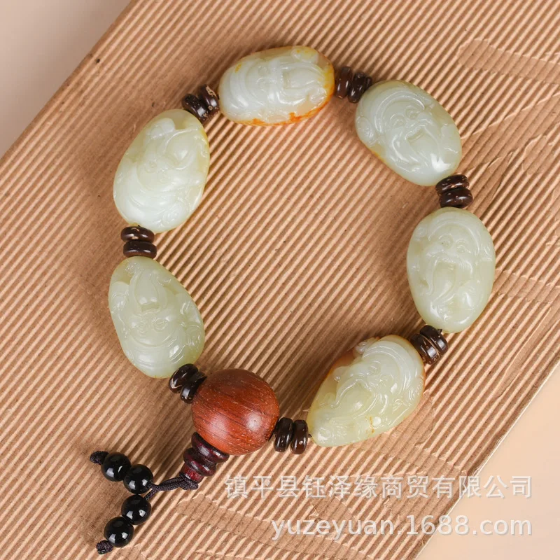 

Hetian Jade Rough Stone Hand Carved God of Wealth with Leather Color Men's Big Bracelet Wholesale
