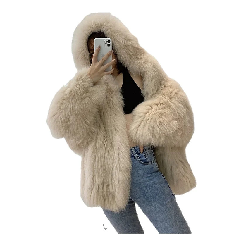 New Fox Fur Double-Sided Woven Fur Hooded Jacket Batwing Sleeve Young Loose Furry Fur Clothing