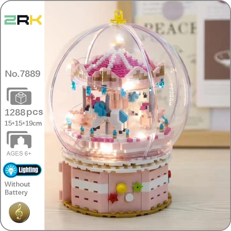 

ZRK 7889 Rotate Merry-go-round Carousel Crystal Ball Music Light 3D Mini Diamond Blocks Bricks Building Toy For Children No Box