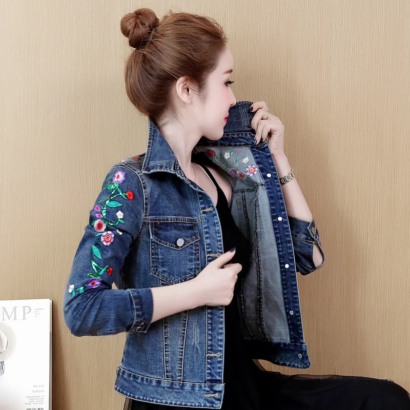 Embroidered Flower Denim Jacket 5XL Women's Short Coat 2023