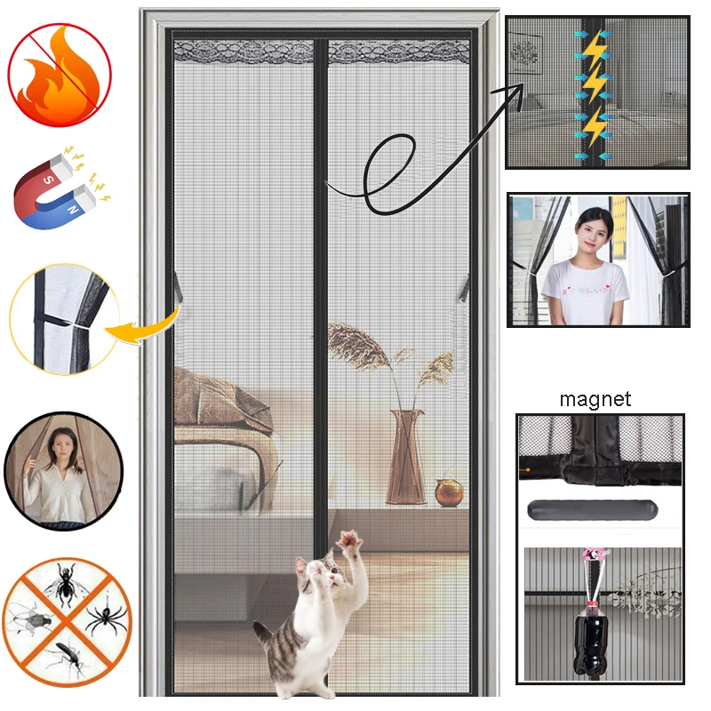 Fiberglass Magnetic Screen Door Insect Mesh Isolate Bug Outside the Door Fireproof Fabric Anti Mosquito Door Curtain for Indoor