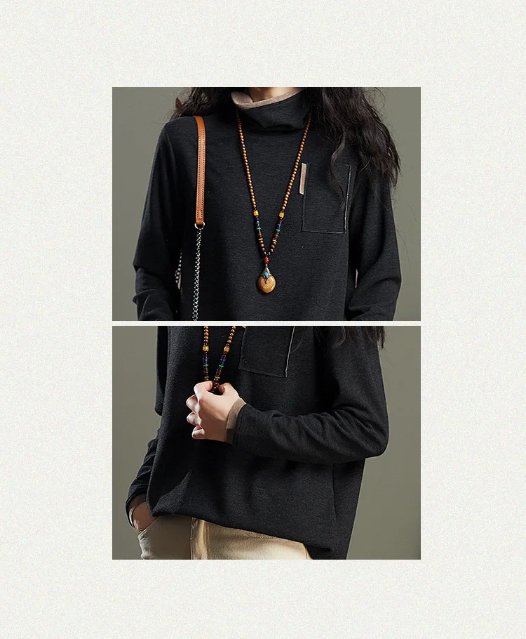 Amax luluE 2025 Turtleneck Loose Long Sleeve Tee Shirt Women Casual Green Tops Female Clothes Solid Color Basic Winter T-shirts