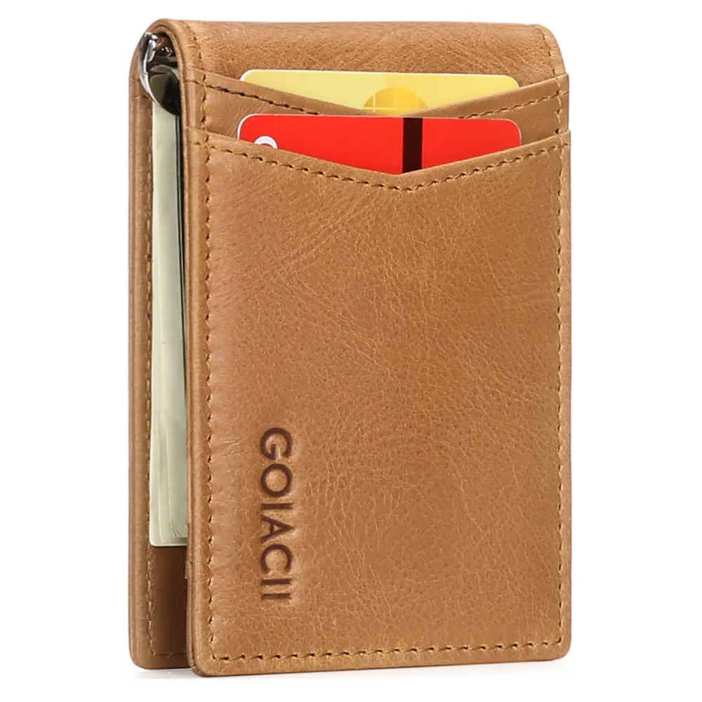 Genuine Leather Mens Wallet with money clip Slim with Metal Clips Money Holder Billfold with Money Clip 6